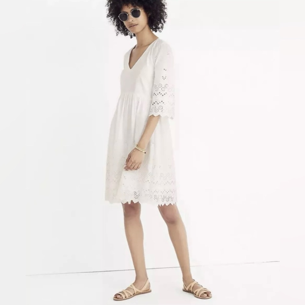 Madewell Womens Eyelet Lattice Dress White Size 00 Lined Scallop Sleeve Hem